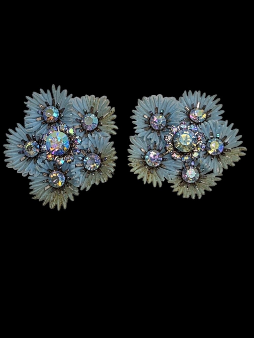 Vintage Coro Blue Floral Cluster Clip Earrings AB Rhinestones 1.75"